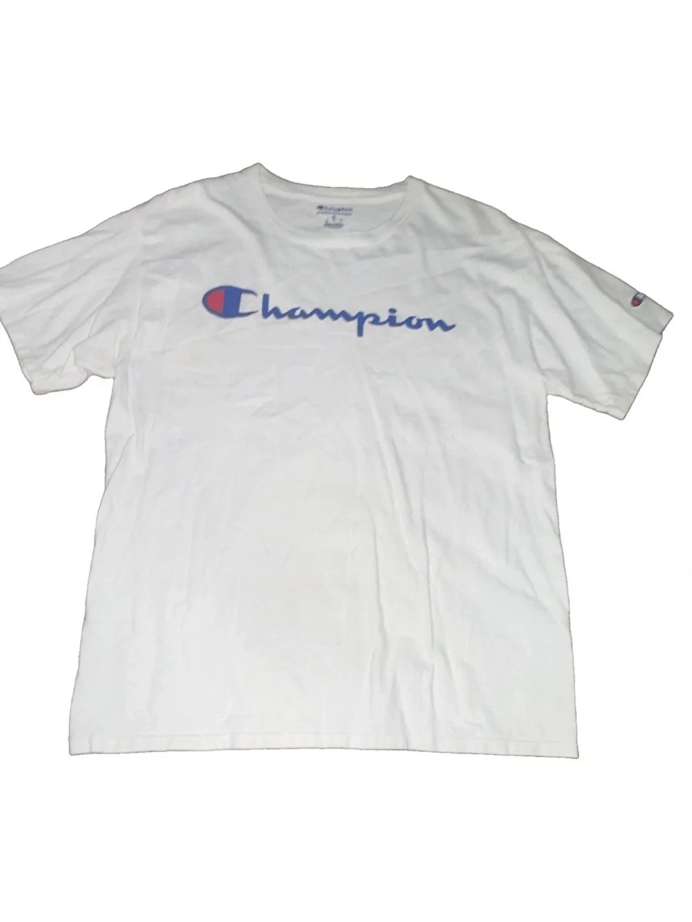 Champion White Short Sleeve Tee with Blue & Red Logo - Picture 1 of 3